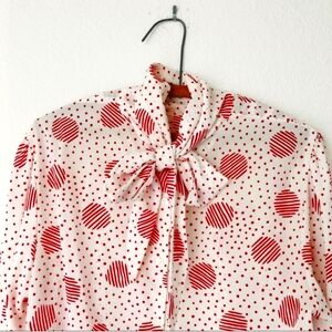 Vintage 80s polka dot tie bow blouse L